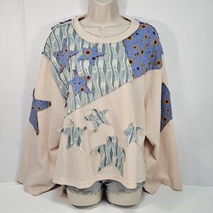 POL Patchwork Mixed Print Waffle Knit Top Size L Boho Artsy Pullover Oversized